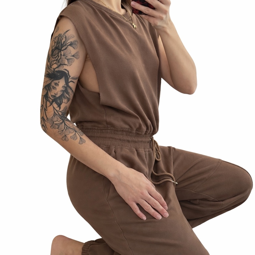 Mocha Brown Open Back Lounge Jumpsuit Sleeveless Drawstring Jogger Wide Leg Sm - Picture 2 of 10